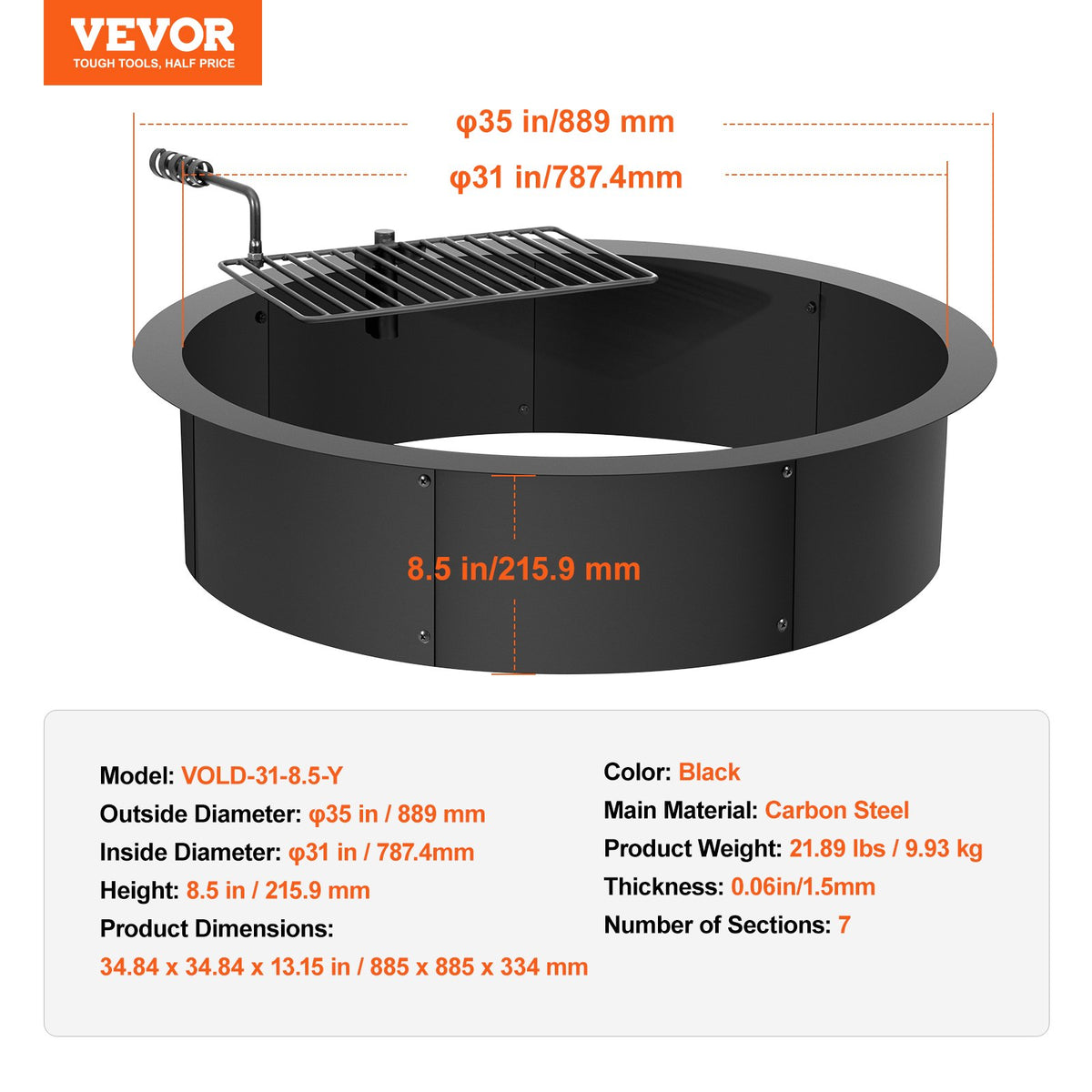 Fire Pit Ring, Fire Pit Insert with Barbecue Fire Ring, 35-In Outer/31-In Inner Diameter, 8.5in Height, V952-DKJHH31INCH165WYPV0
