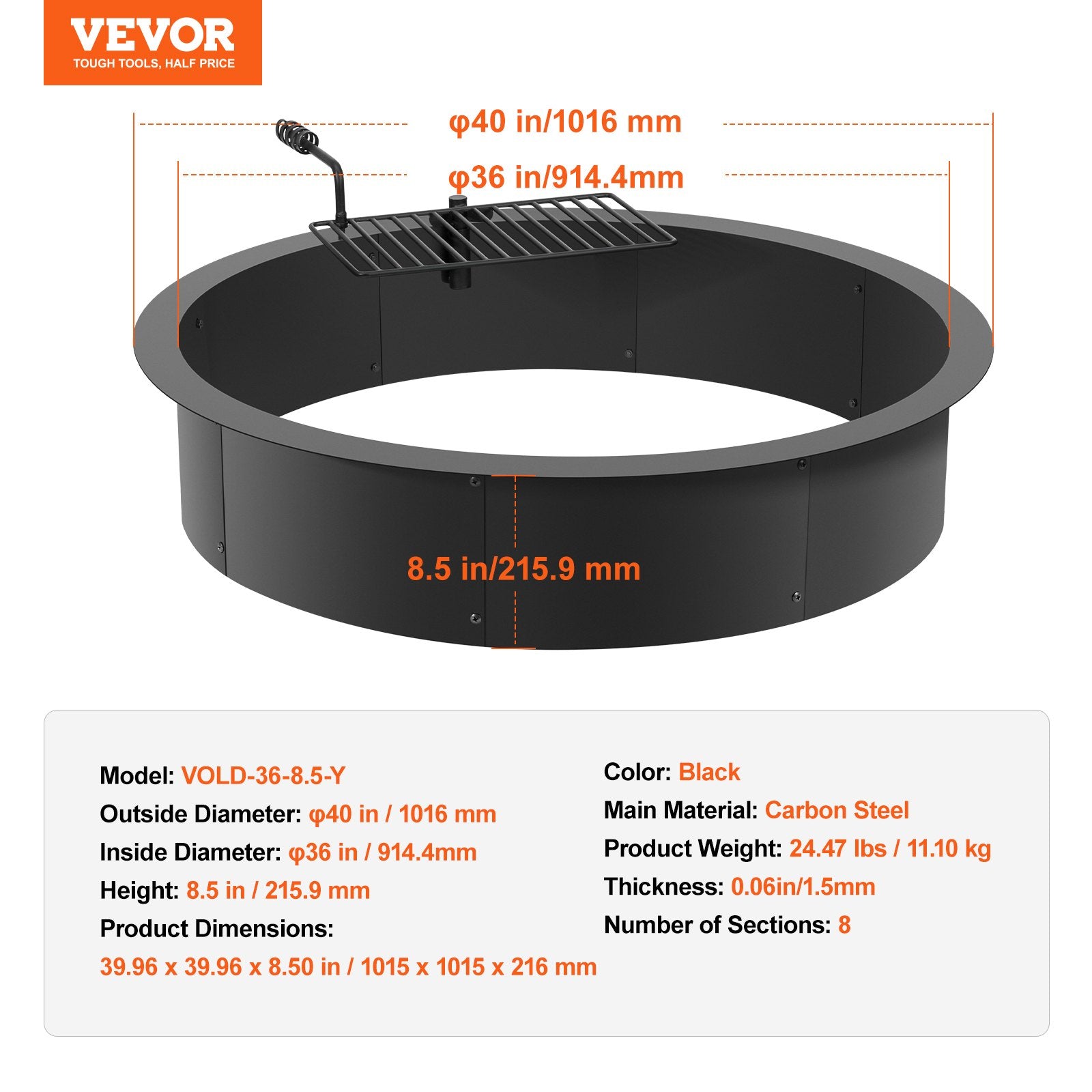 Fire Pit Ring, Fire Pit Insert with Barbecue Fire Ring, 40-In Outer/36-In Inner Diameter, 8.5in Height, V952-DKJHH36INCH1VUWF9V0