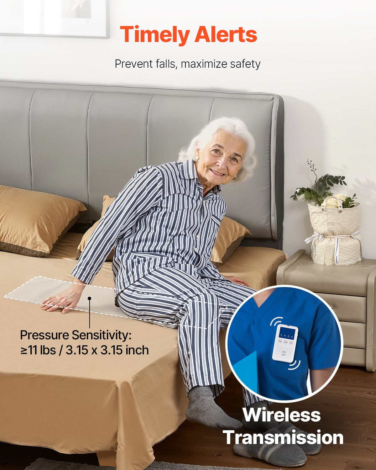 Early Alert Bed Alarm System Wireless Bed Sensor Pad & Call Button Pager V952-DLFSDYLGYCDYV7UU3V9