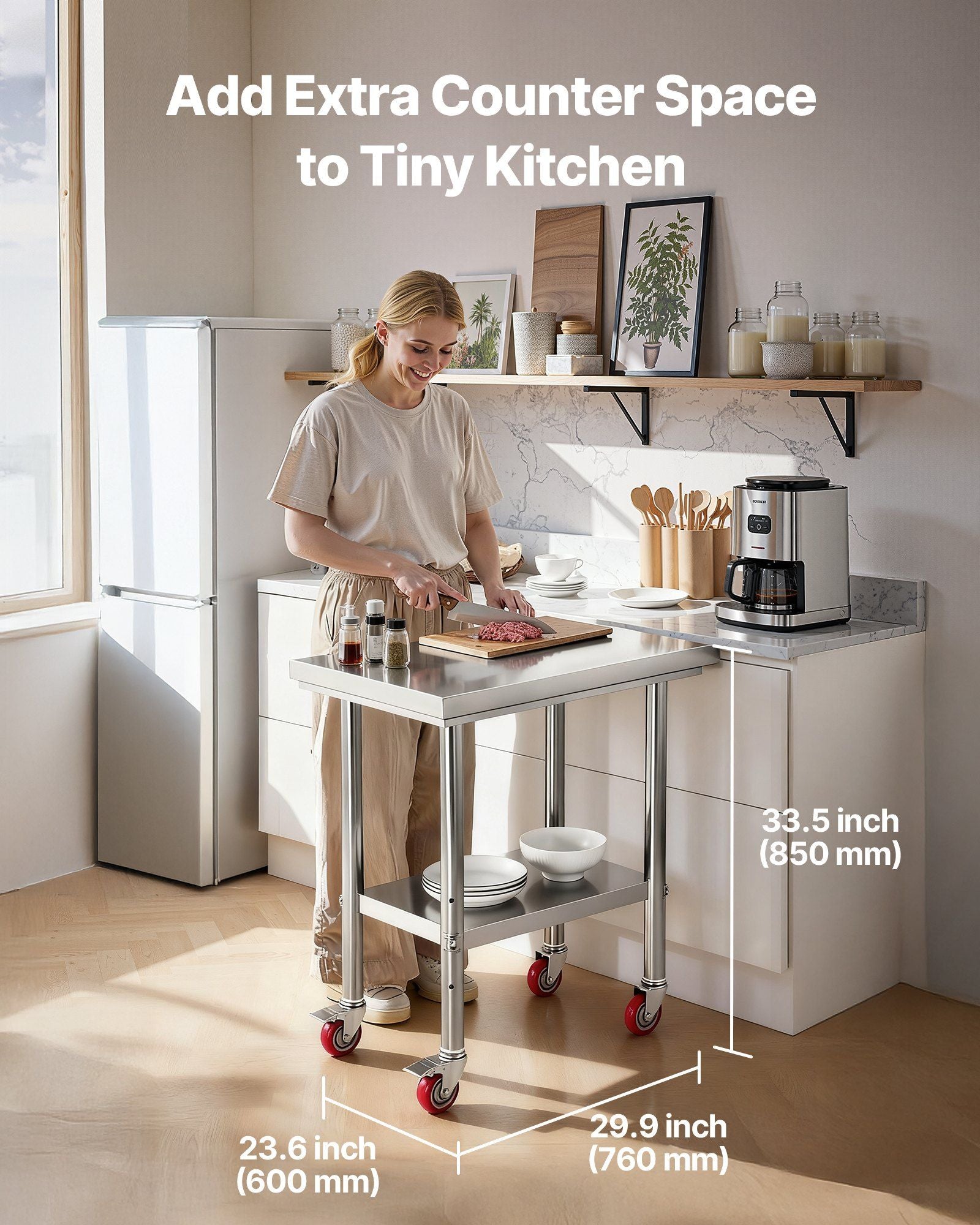 Stainless Steel Table, 60 x 76 cm Food Prep Worktable with Wheels, Kitchen Prep Table with Adjustable V952-DLGZT2CWDB248JRDY001V0