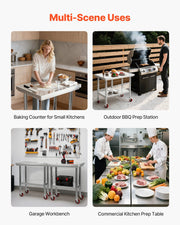 Stainless Steel Table, 60 x 76 cm Food Prep Worktable with Wheels, Kitchen Prep Table with Adjustable V952-DLGZT2CWDB248JRDY001V0