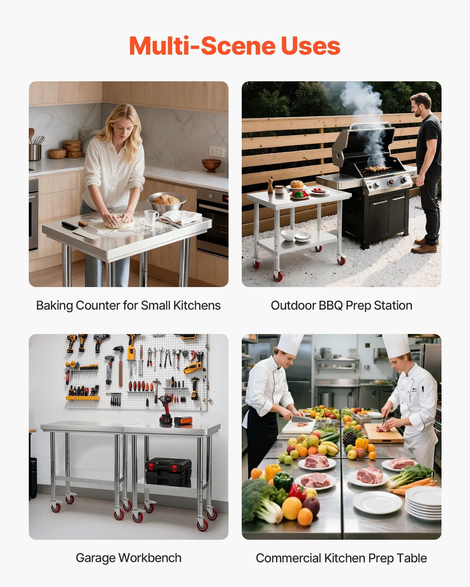 Stainless Steel Table, 60 x 76 cm Food Prep Worktable with Wheels, Kitchen Prep Table with Adjustable V952-DLGZT2CWDB248JRDY001V0