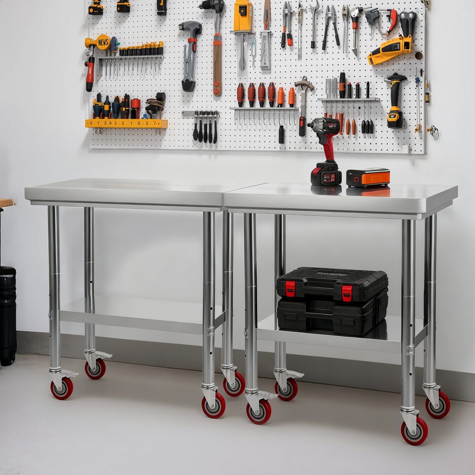 Stainless Steel Table, 60 x 76 cm Food Prep Worktable with Wheels, Kitchen Prep Table with Adjustable V952-DLGZT2CWDB248JRDY001V0