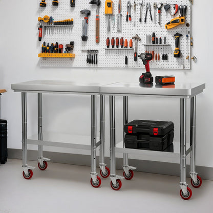 Stainless Steel Table, 60 x 76 cm Food Prep Worktable with Wheels, Kitchen Prep Table with Adjustable V952-DLGZT2CWDB248JRDY001V0