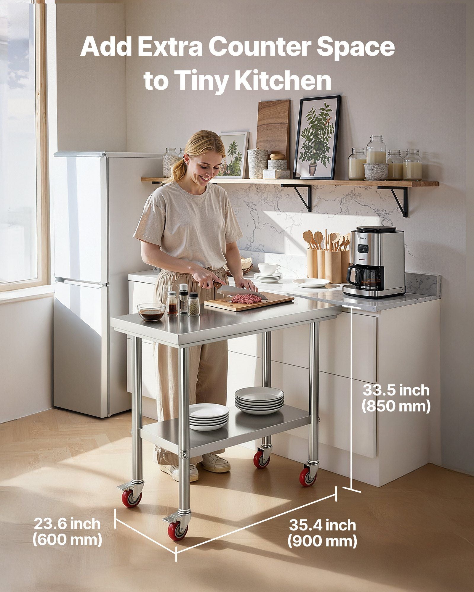 Stainless Steel Table, 60 x 90 cm Food Prep Worktable with Wheels, Kitchen Prep Table with Adjustable V952-DLGZT2CWDB24ABSMO001V0