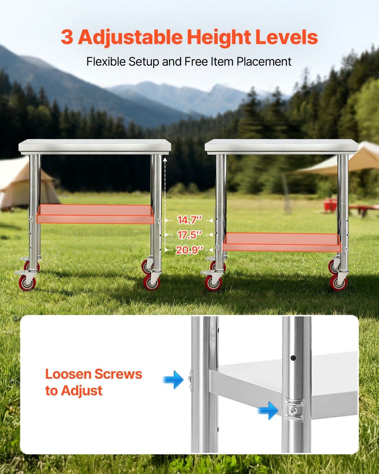 Stainless Steel Table, 60 x 90 cm Food Prep Worktable with Wheels, Kitchen Prep Table with Adjustable V952-DLGZT2CWDB24ABSMO001V0