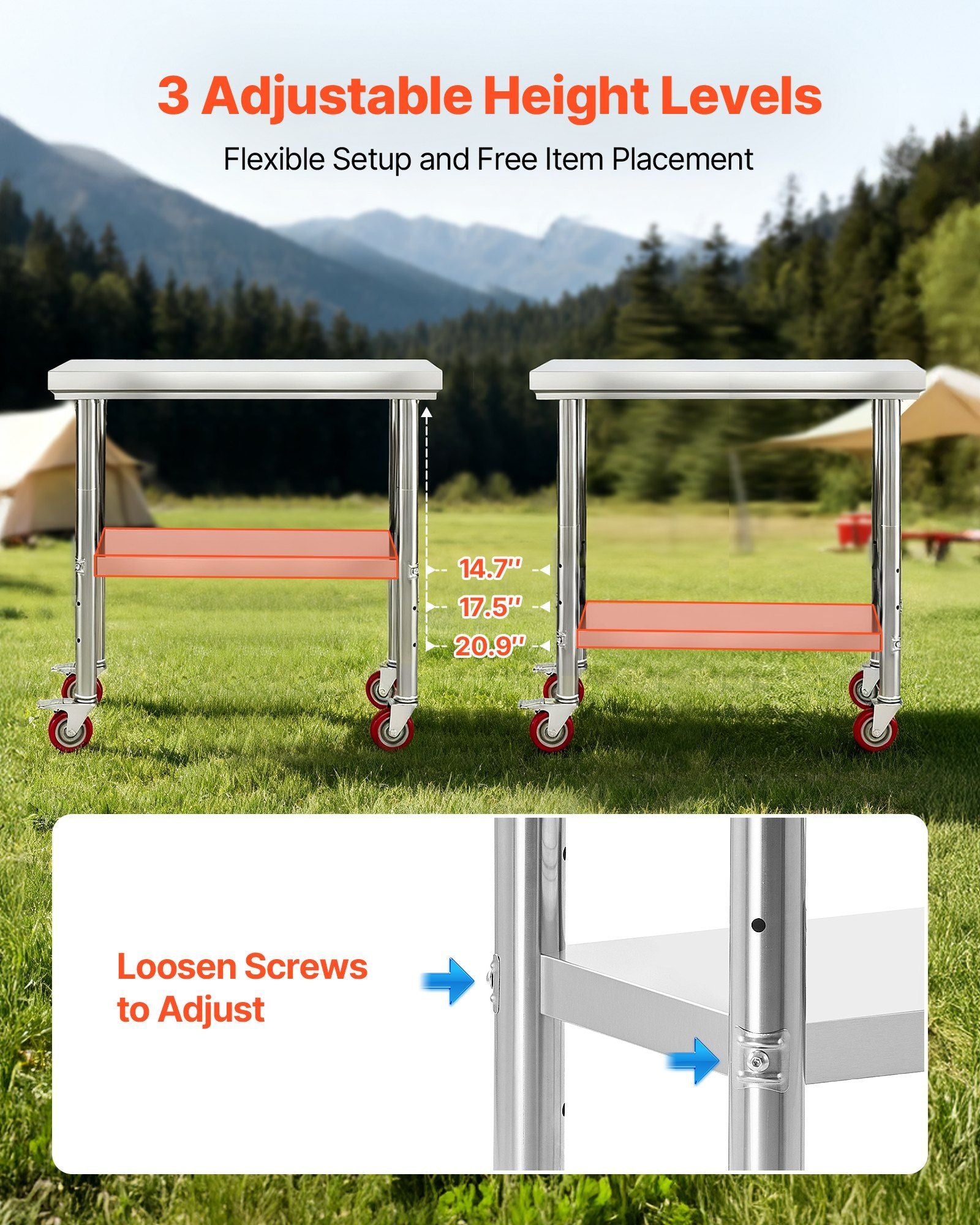 Stainless Steel Table, 60 x 90 cm Food Prep Worktable with Wheels, Kitchen Prep Table with Adjustable V952-DLGZT2CWDB24ABSMO001V0