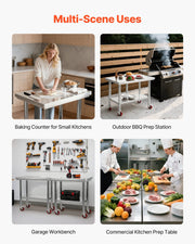 Stainless Steel Table, 60 x 90 cm Food Prep Worktable with Wheels, Kitchen Prep Table with Adjustable V952-DLGZT2CWDB24ABSMO001V0