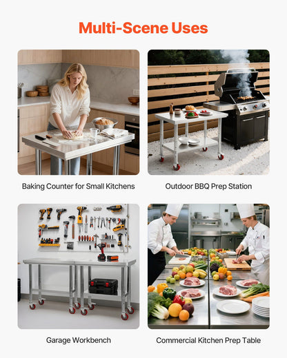 Stainless Steel Table, 60 x 90 cm Food Prep Worktable with Wheels, Kitchen Prep Table with Adjustable V952-DLGZT2CWDB24ABSMO001V0