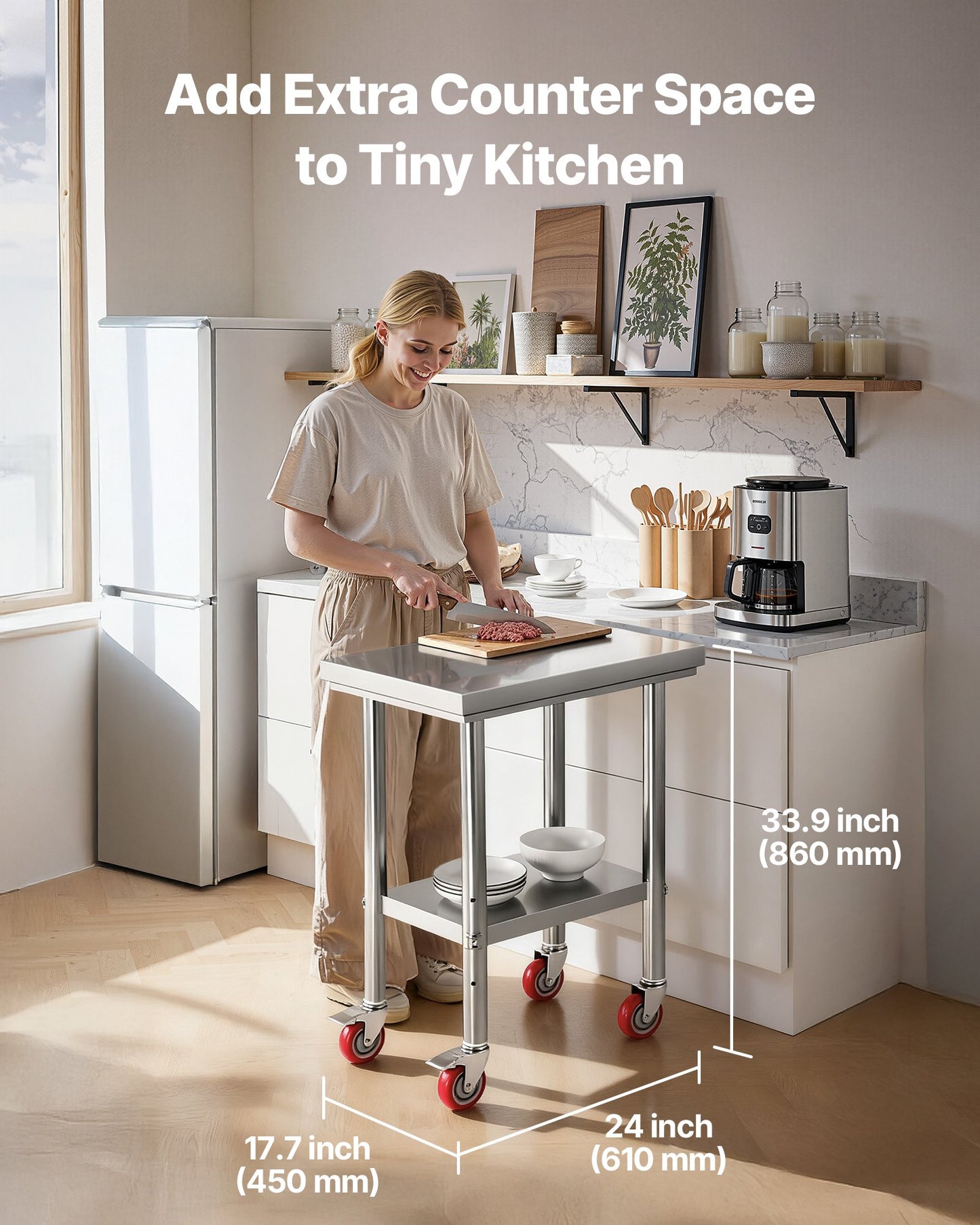 Stainless Steel Table, 61 x 45 cm Food Prep Worktable with Wheels, Kitchen Prep Table with Adjustable V952-DLGZT2CWDB24K995G001V0