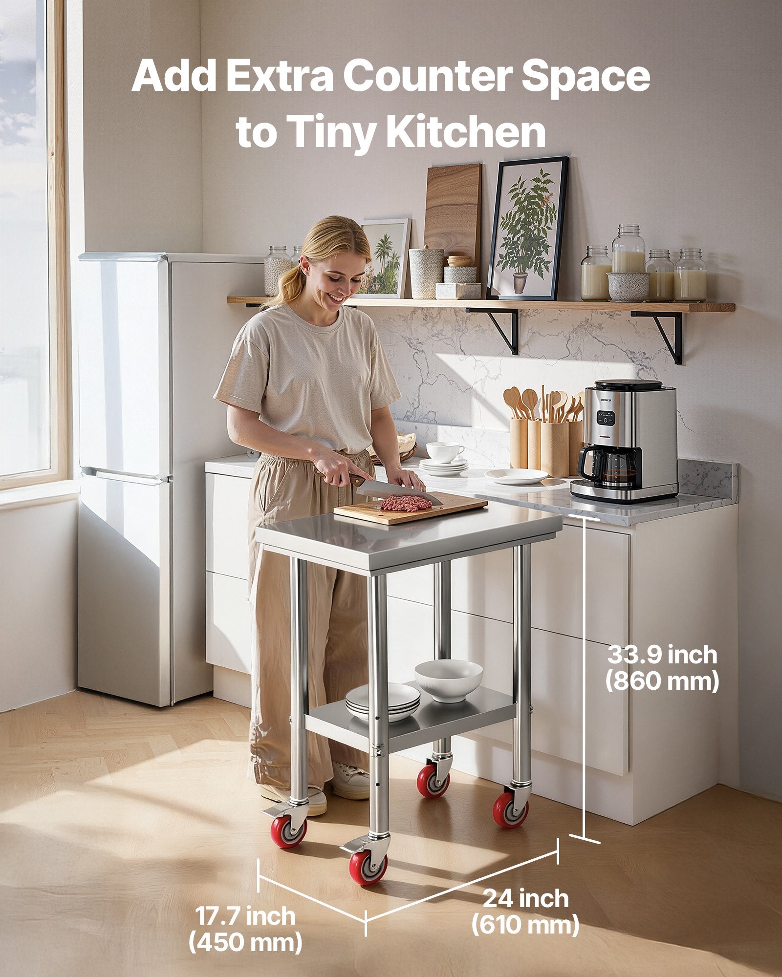 Stainless Steel Table, 61 x 45 cm Food Prep Worktable with Wheels, Kitchen Prep Table with Adjustable V952-DLGZT2CWDB24K995G001V0