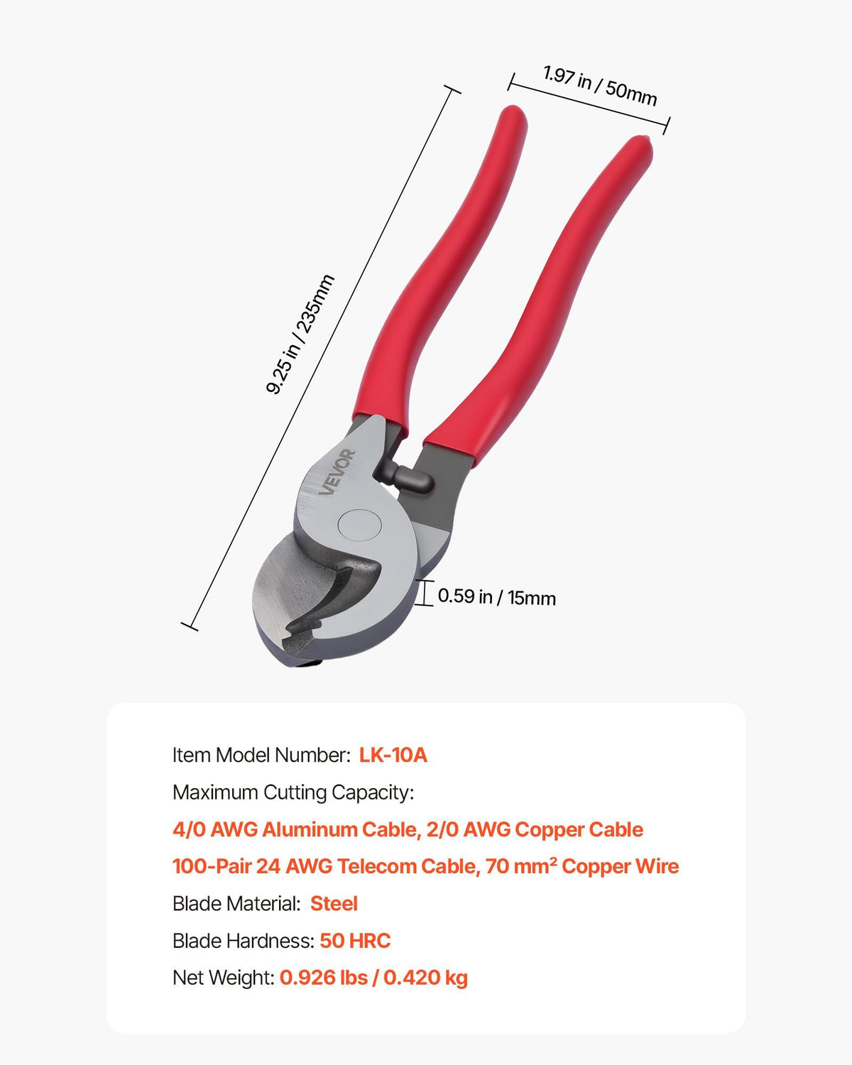 High Leverage Cable Cutter, 235 mm Compact, Forged Blades and PVC-Coated Handles, Heavy Duty Cable Cutting V952-DLJD10INCHGGFDA2D001V0