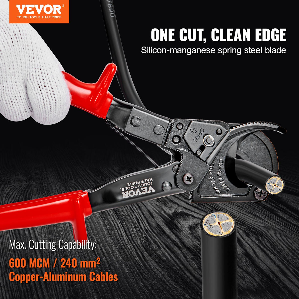 Ratcheting Cable Cutter, 250mm Ratchet Wire and Cable Cutter, Cut up to 240 mm2, with Comfortable Grip V952-DLJD10YCZD24ULIE9V0