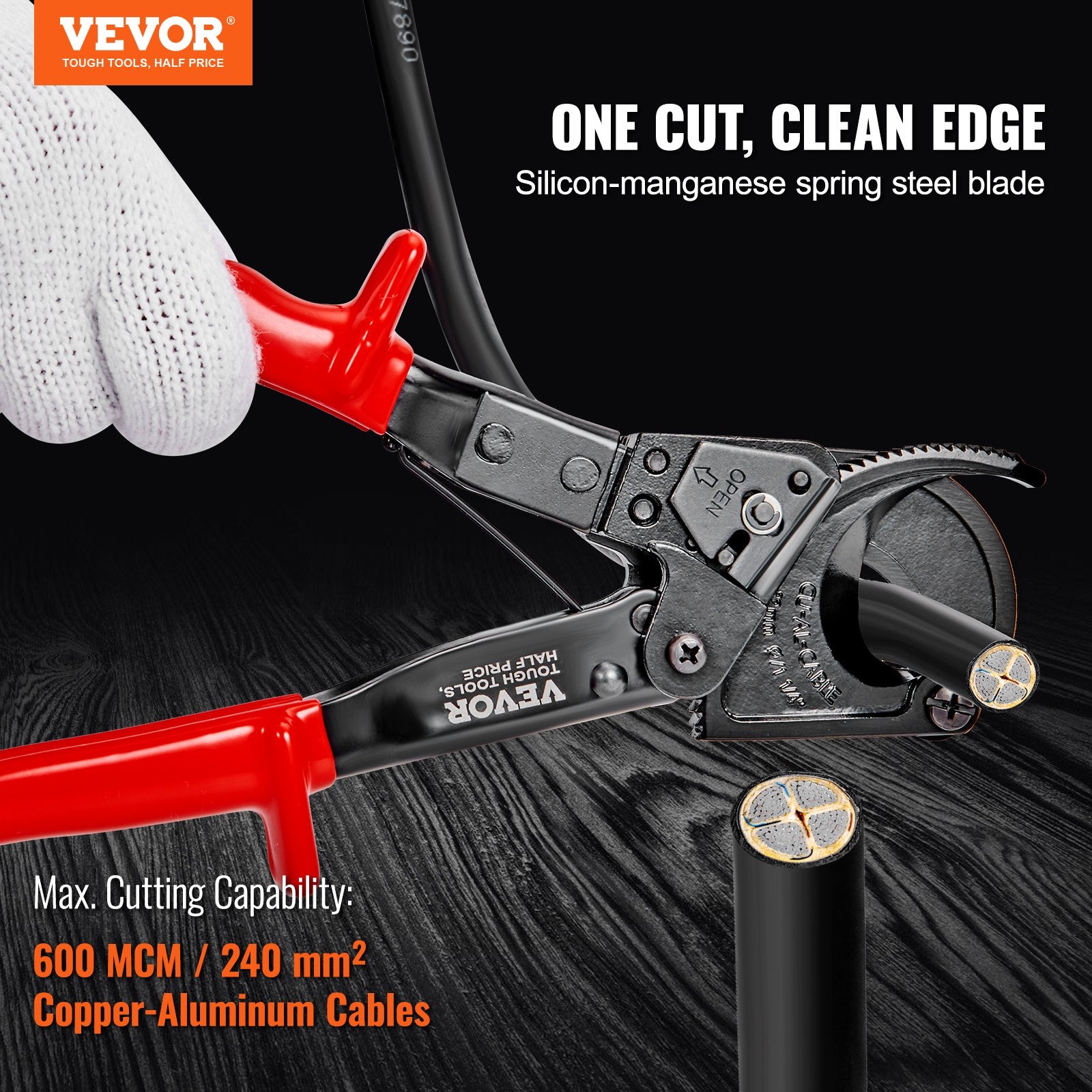 Ratcheting Cable Cutter, 250mm Ratchet Wire and Cable Cutter, Cut up to 240 mm2, with Comfortable Grip V952-DLJD10YCZD24ULIE9V0