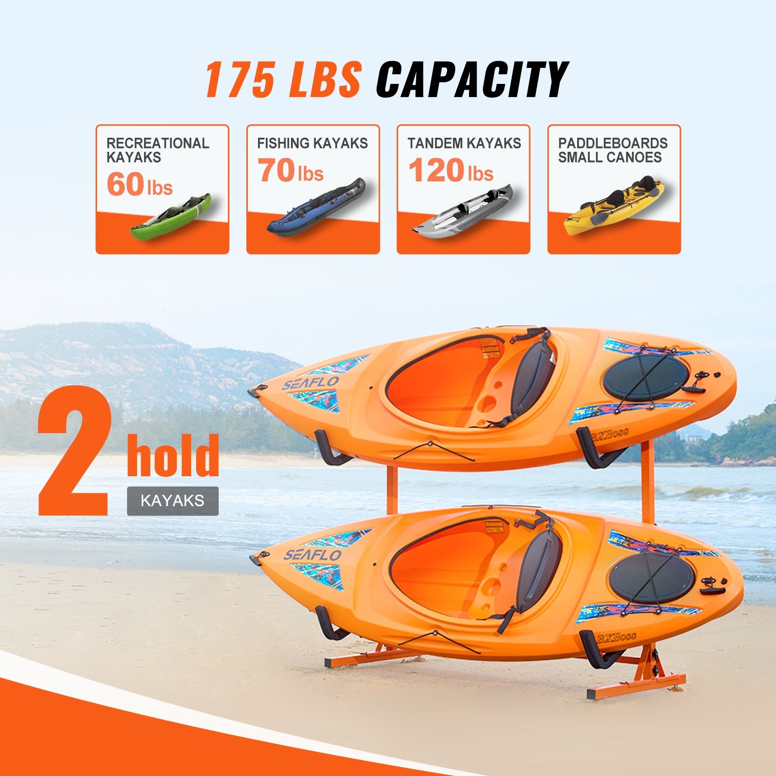 Freestanding Kayak Storage Rack, Kayak Stand for 2 Kayak Canoe Paddleboard, Heavy-duty Steel Kayak Hanger V952-DLS2G0000000ADO3DV0