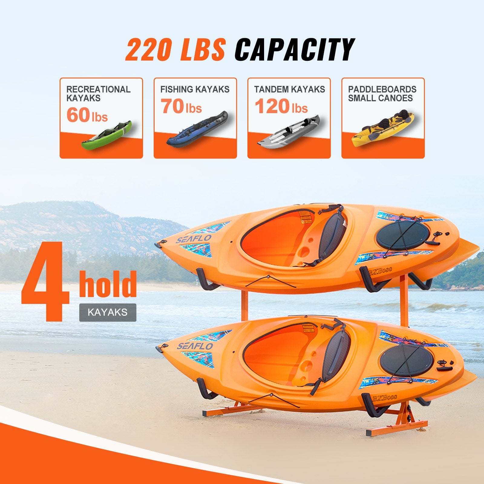 Freestanding Kayak Storage Rack, Kayak Stand for 4 Kayak Canoe Paddleboard, Heavy-duty Steel Kayak Hanger V952-DLS4G0000000D8BUTV0