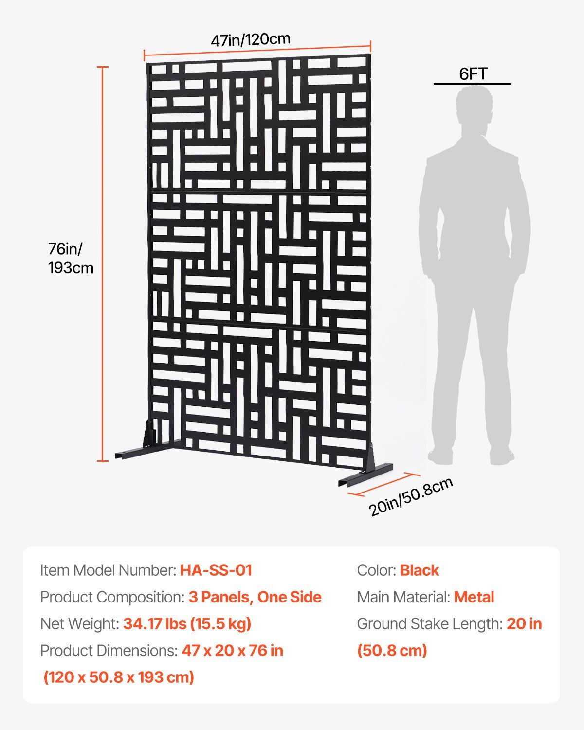 Metal Privacy Screen, 120 x 193cm, Outdoor Privacy Screens 3-Panel, Freestanding Outdoor Divider with Stand, V952-DLSHWYSPMJS7CV2AZV0