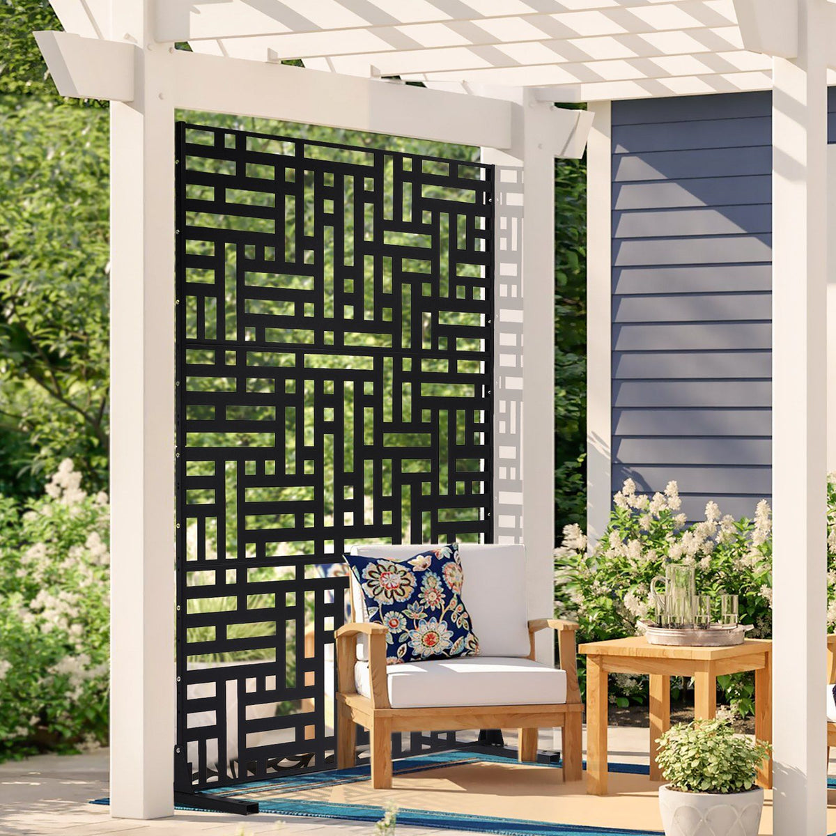 Metal Privacy Screen, 120 x 193cm, Outdoor Privacy Screens 3-Panel, Freestanding Outdoor Divider with Stand, V952-DLSHWYSPMJS7CV2AZV0