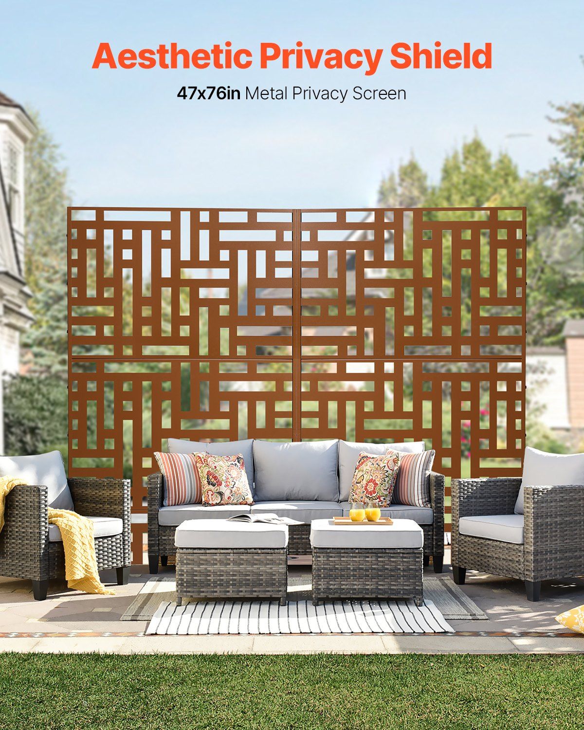 Metal Privacy Screen, 120 x 193cm, Outdoor Privacy Screens 3-Panel, Freestanding Outdoor Divider with Stand, V952-DLSHWYSPMJS7ZTJD3V0