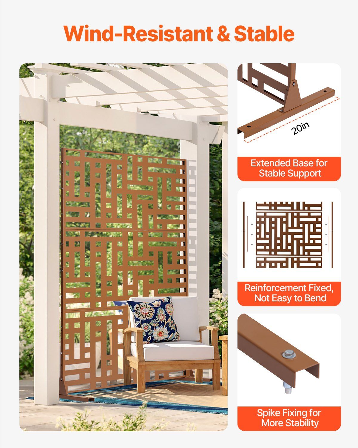 Metal Privacy Screen, 120 x 193cm, Outdoor Privacy Screens 3-Panel, Freestanding Outdoor Divider with Stand, V952-DLSHWYSPMJS7ZTJD3V0