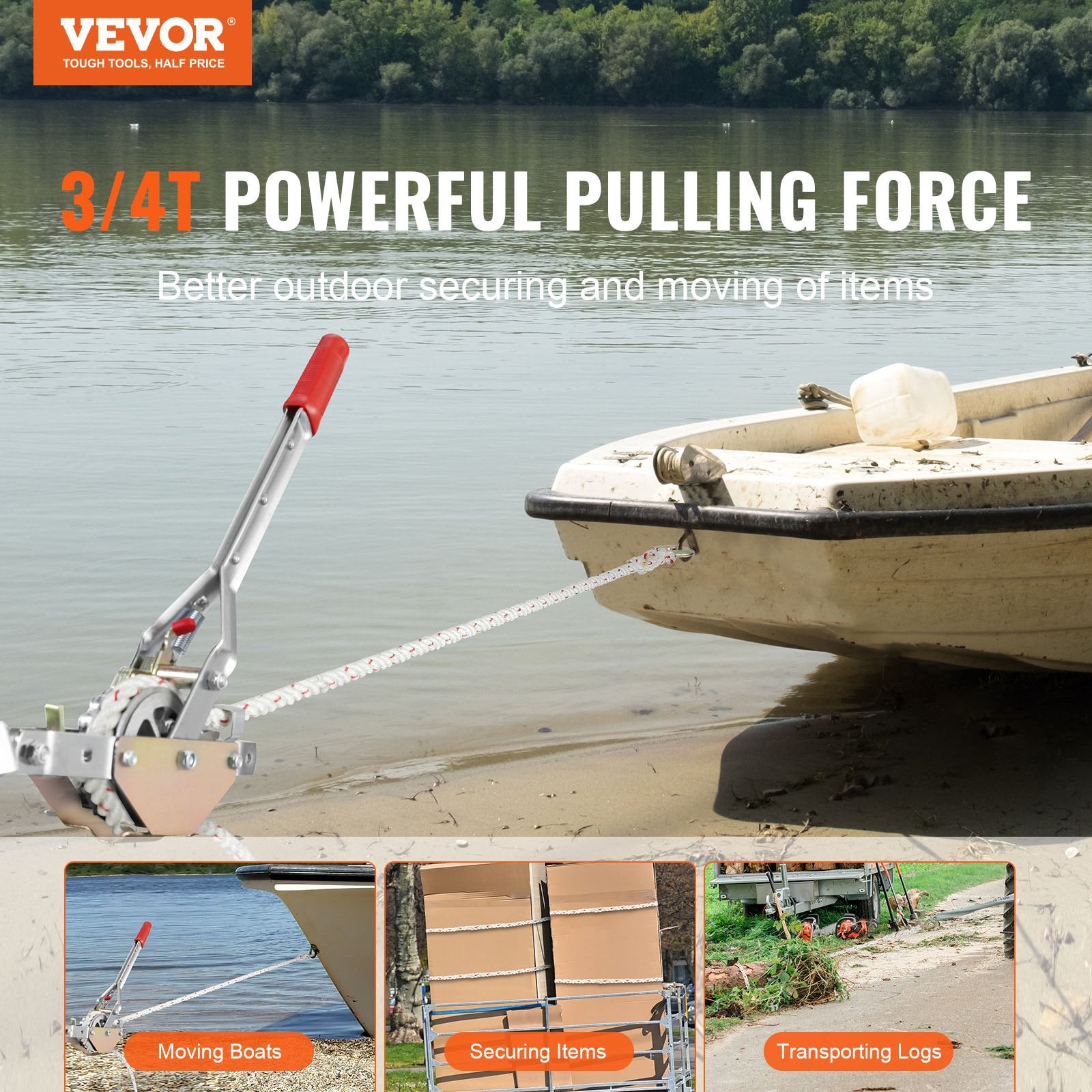 Rope Puller, 3/4 Ton Pulling Capacity, with 30.48 m of 15 mm dia. Rope, 2 Hook, Come Along Winch, Heavy Duty V952-DLSJXQ34T100P5QJIV0