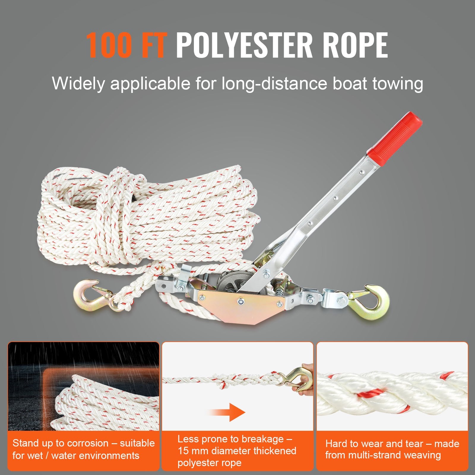 Rope Puller, 3/4 Ton Pulling Capacity, with 30.48 m of 15 mm dia. Rope, 2 Hook, Come Along Winch, Heavy Duty V952-DLSJXQ34T100P5QJIV0