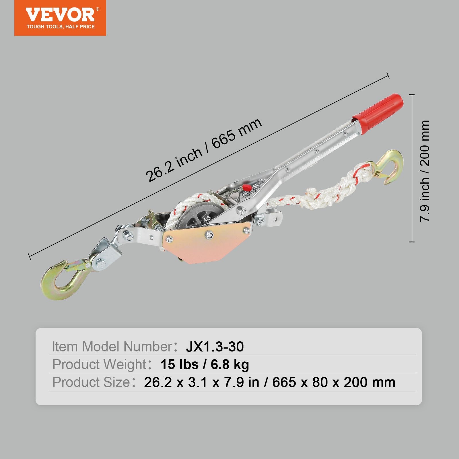 Rope Puller, 3/4 Ton Pulling Capacity, with 30.48 m of 15 mm dia. Rope, 2 Hook, Come Along Winch, Heavy Duty V952-DLSJXQ34T100P5QJIV0