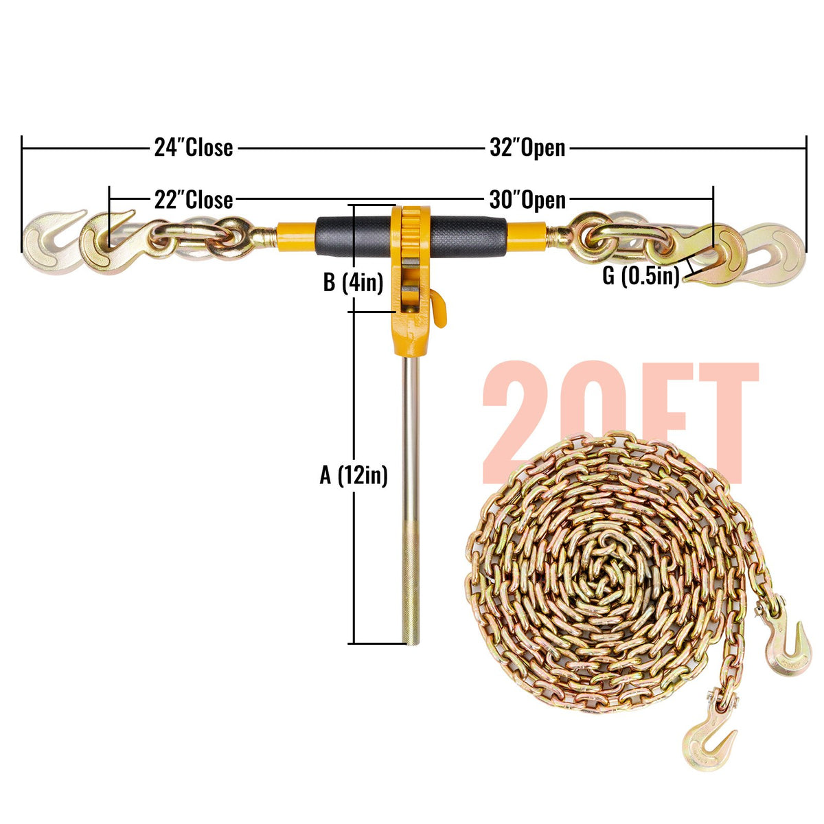 Ratchet Chain Binder, 5/16"-3/8" Heavy Duty Load Binders with G80 Chains, 7100 lbs Secure Load Limit, V952-DLTJLLJQBBTYC9WKZV0