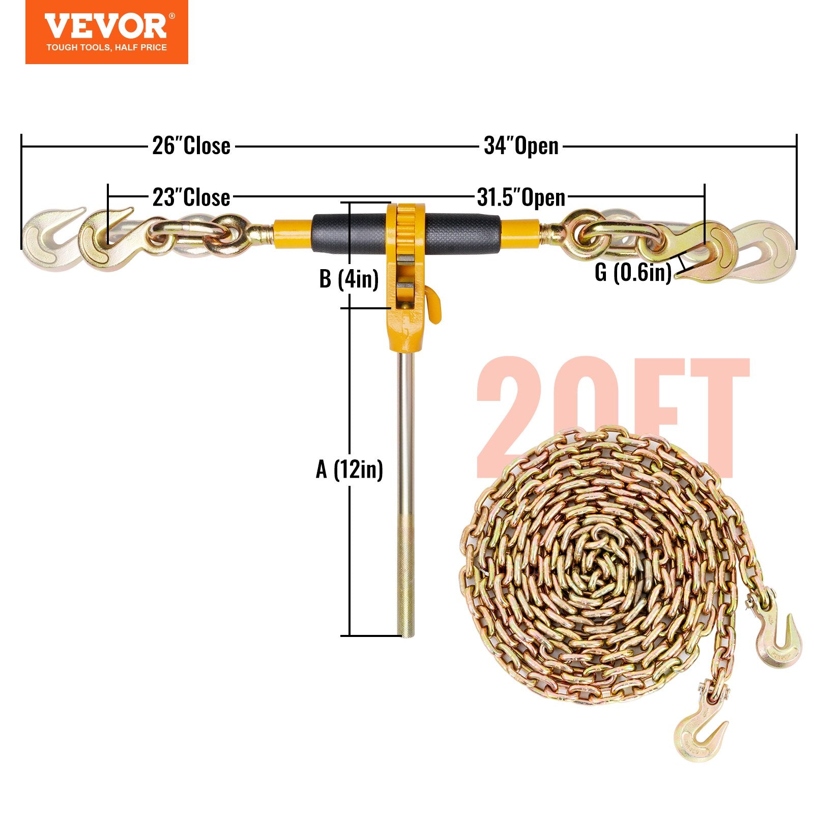 Ratchet Chain Binder 3/8"-1/2" Load Binders 12000 lbs w/ G80 Chains 4 Pcs V952-DLTJLLJQBBTYCEEB7V0