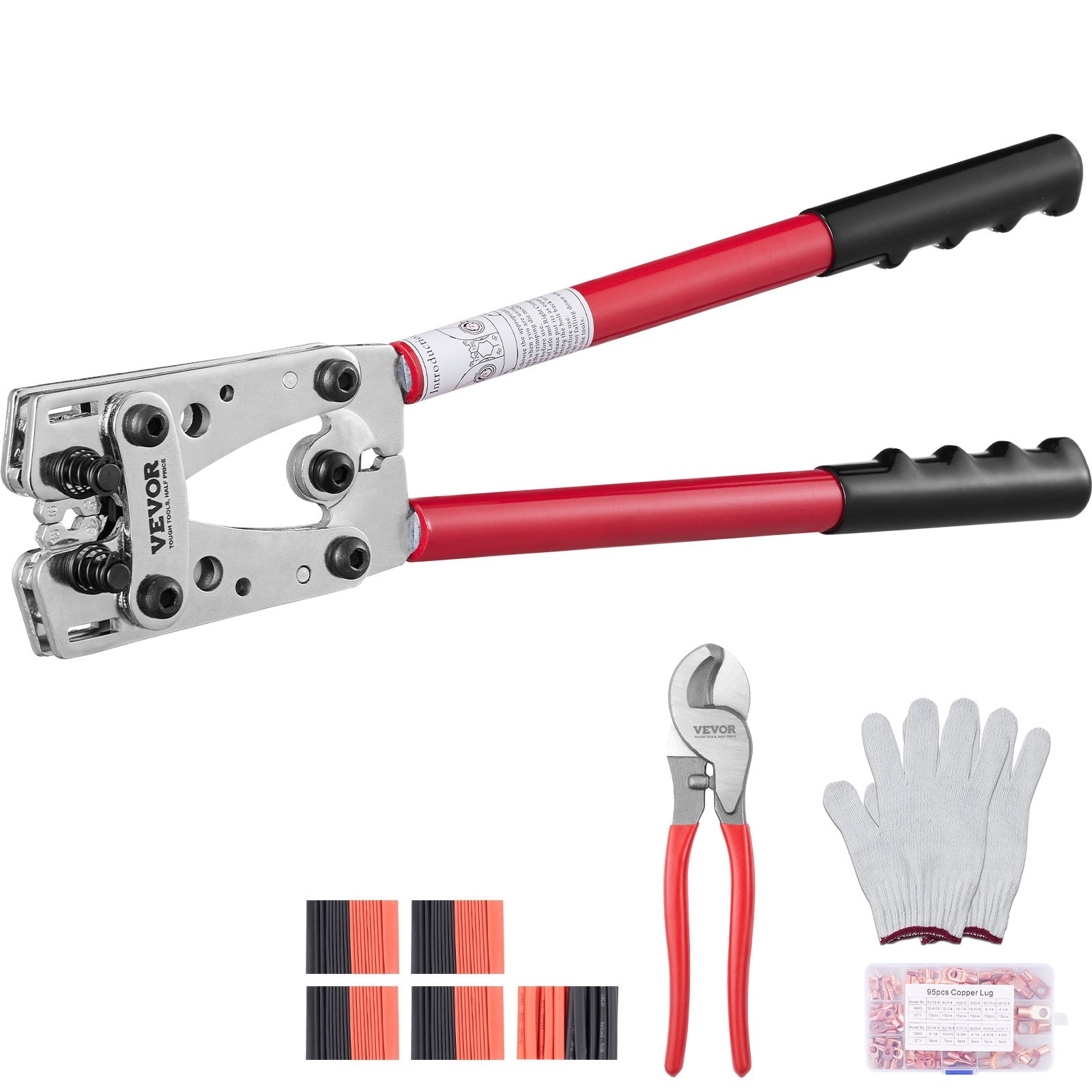 Battery Cable Lug Crimping Tool, 10-1/0AWG with Cable Cutter and 95PCS Copper Ring Terminals, 6 Wire Sizes V952-DLYJQPJDLJTLDJBJTV0