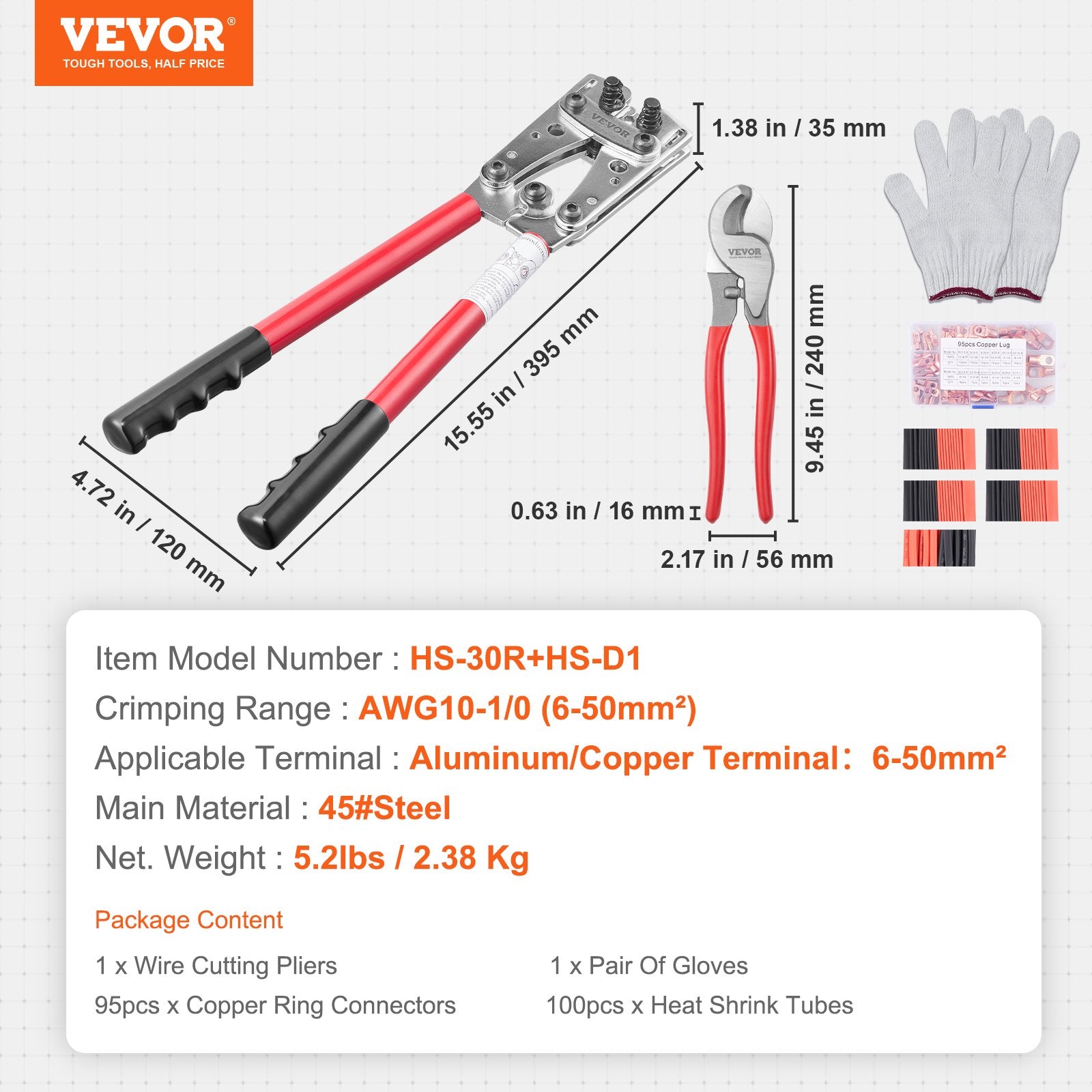 Battery Cable Lug Crimping Tool, 10-1/0AWG with Cable Cutter and 95PCS Copper Ring Terminals, 6 Wire Sizes V952-DLYJQPJDLJTLDJBJTV0