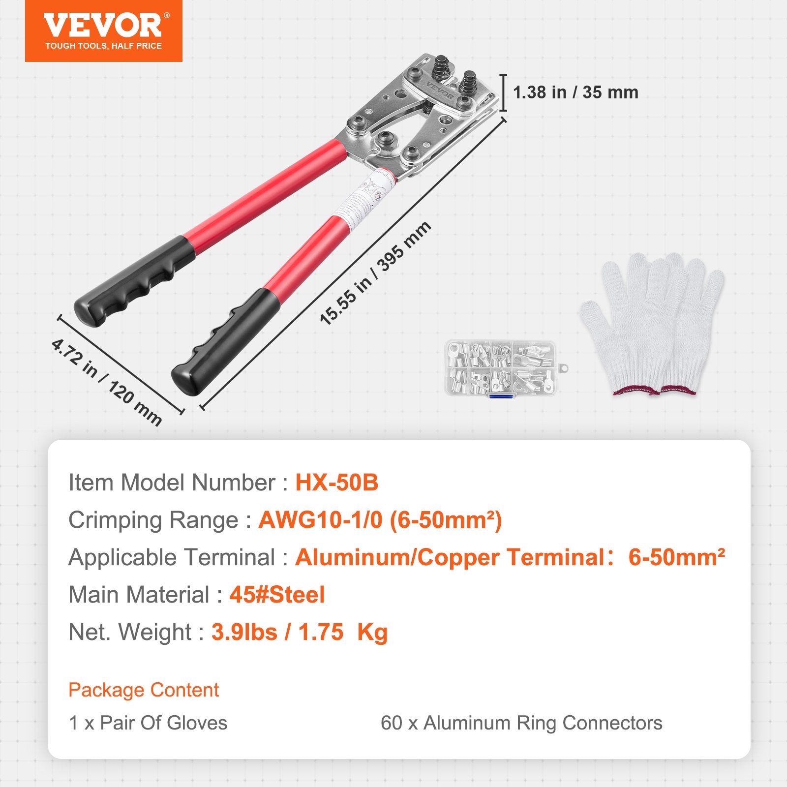 Battery Cable Lug Crimping Tool, 10-1/0AWG Aluminum Terminal Battery Lug Crimper, with 60PCS Aluminum Ring V952-DLYJQTLDL1010SBO2V0