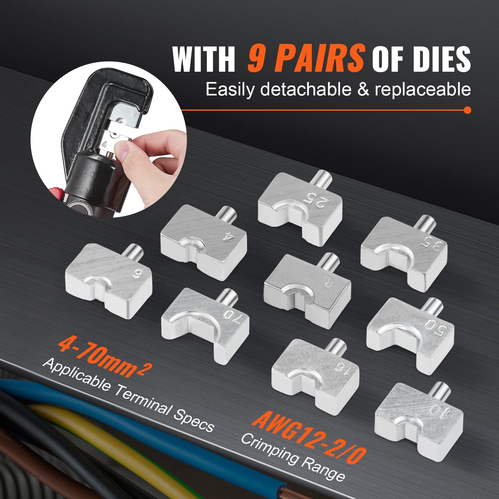 Hydraulic Crimping Tool with 9 Sets of Dies AWG12-2/0 Copper And Aluminum Terminal Battery Lug Crimper, with V952-DLYJQTLDLAWG16PK0V0
