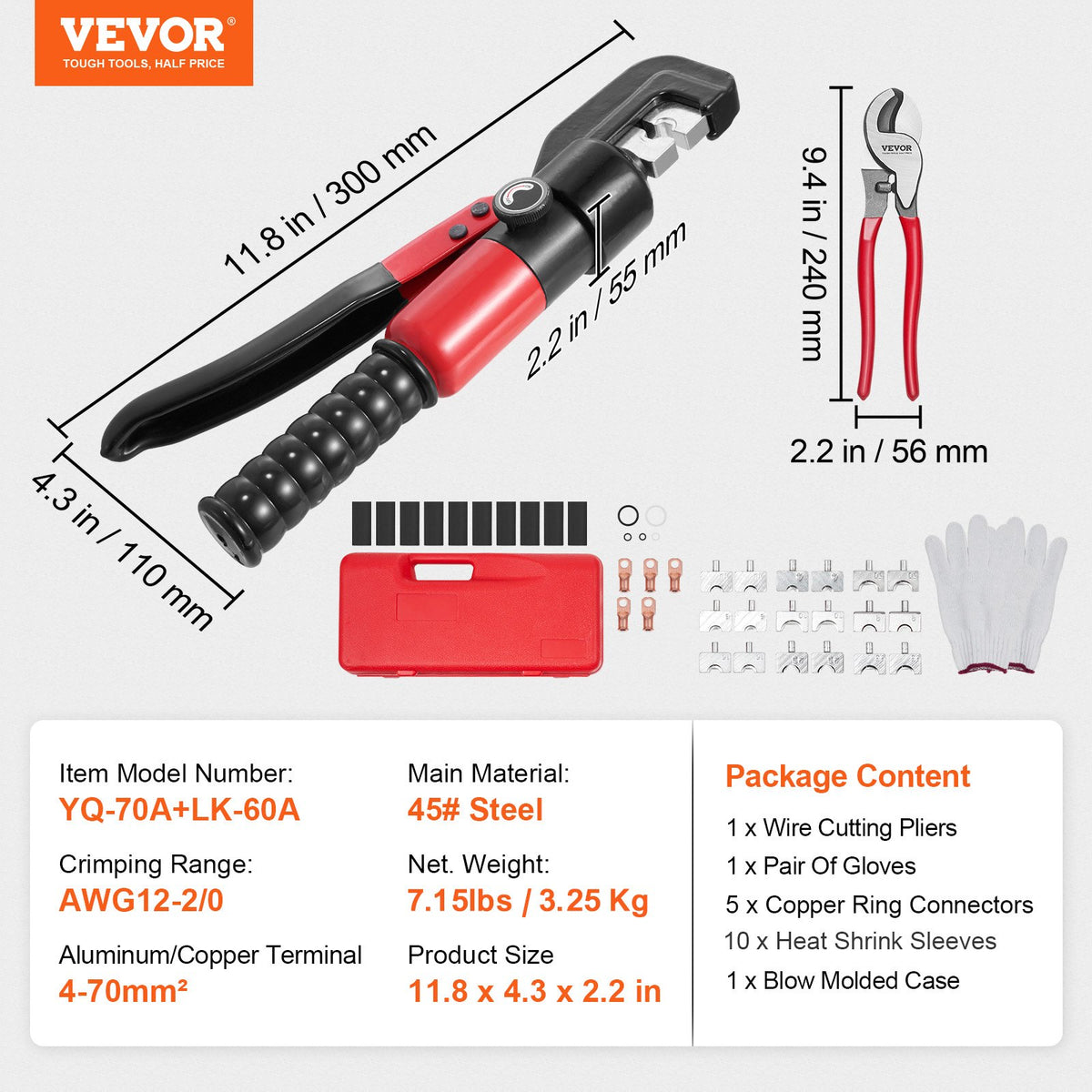 Hydraulic Crimping Tool with 9 Sets of Dies AWG12-2/0 Copper And Aluminum Terminal Battery Lug Crimper, with V952-DLYJQTLDLAWG16PK0V0