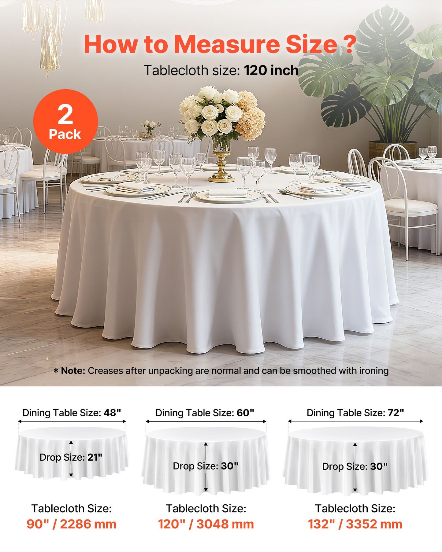White Round Tablecloths 2 Pack, 120 Inches in Diameter, Stain- & Wrinkle- Resistant, Machine Washable Table V952-DLZB120YCBS2JJVKT001V0