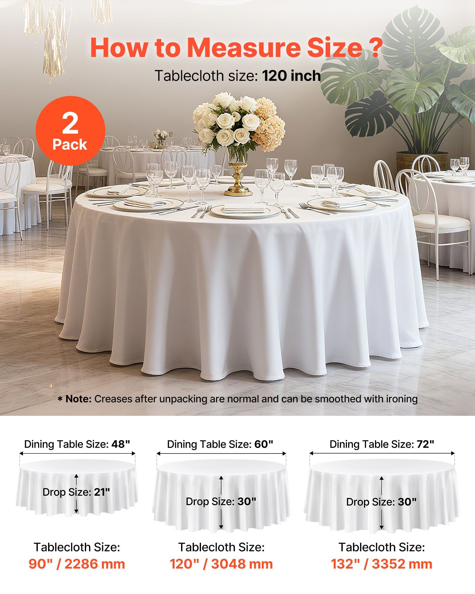 White Round Tablecloths 2 Pack, 120 Inches in Diameter, Stain- & Wrinkle- Resistant, Machine Washable Table V952-DLZB120YCBS2JJVKT001V0