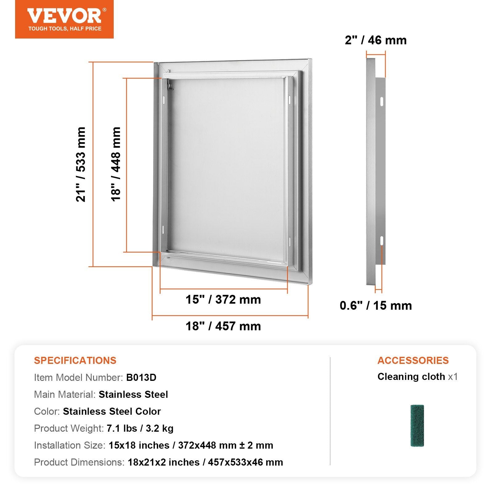BBQ Access Door, 457x533 mm Single Outdoor Kitchen Door, Stainless Steel Flush Mount Door, Wall Vertical Door V952-DMABSCJM18X25F9BVV0