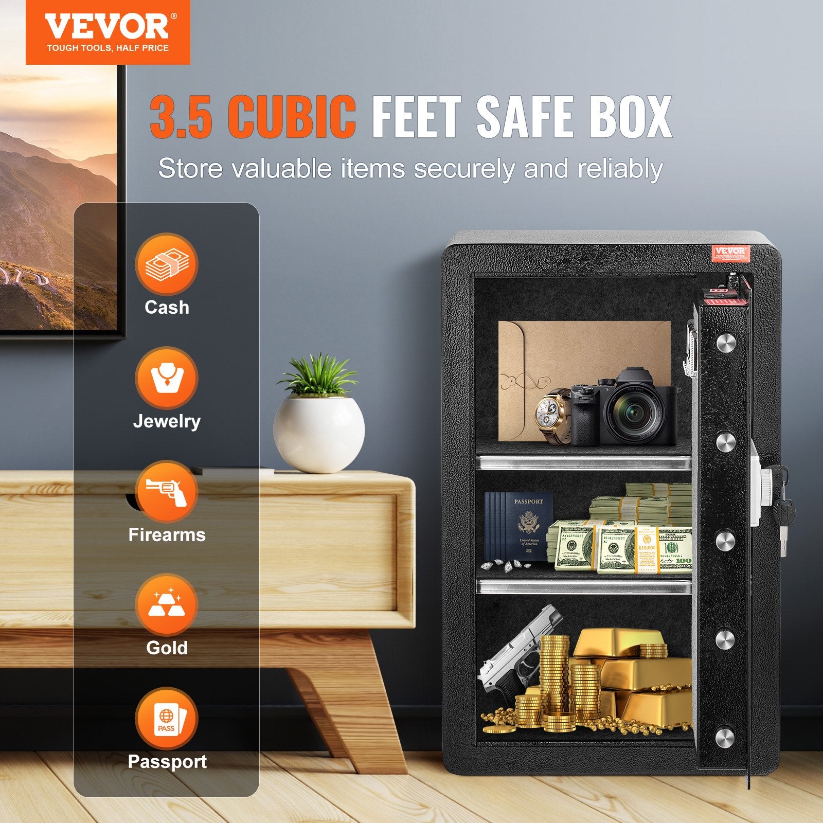 Single Door 3.5 cu.ft Safe Box with Key Lock & Password, Safe Lock Box with Fireproof Bag, Key Rack, LED V952-DMBXXLS3139CDLYSIV9