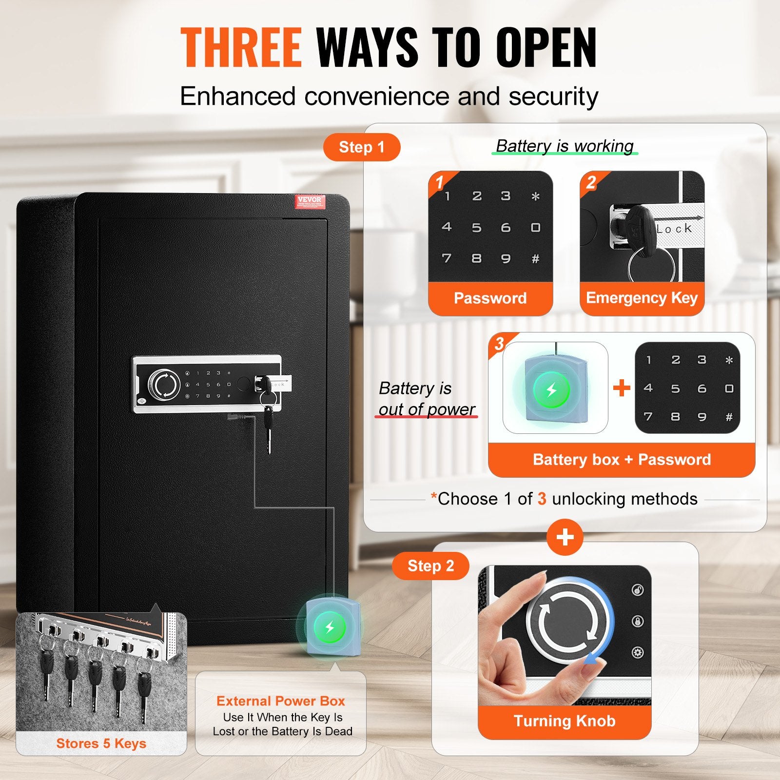 Single Door 3.5 cu.ft Safe Box with Key Lock & Password, Safe Lock Box with Fireproof Bag, Key Rack, LED V952-DMBXXLS3139CDLYSIV9