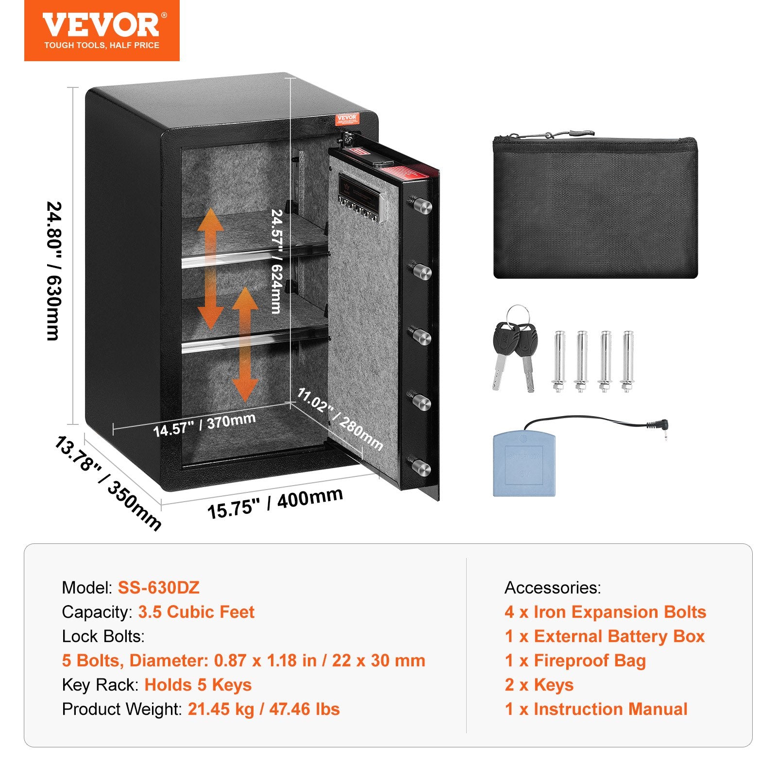 Single Door 3.5 cu.ft Safe Box with Key Lock & Password, Safe Lock Box with Fireproof Bag, Key Rack, LED V952-DMBXXLS3139CDLYSIV9