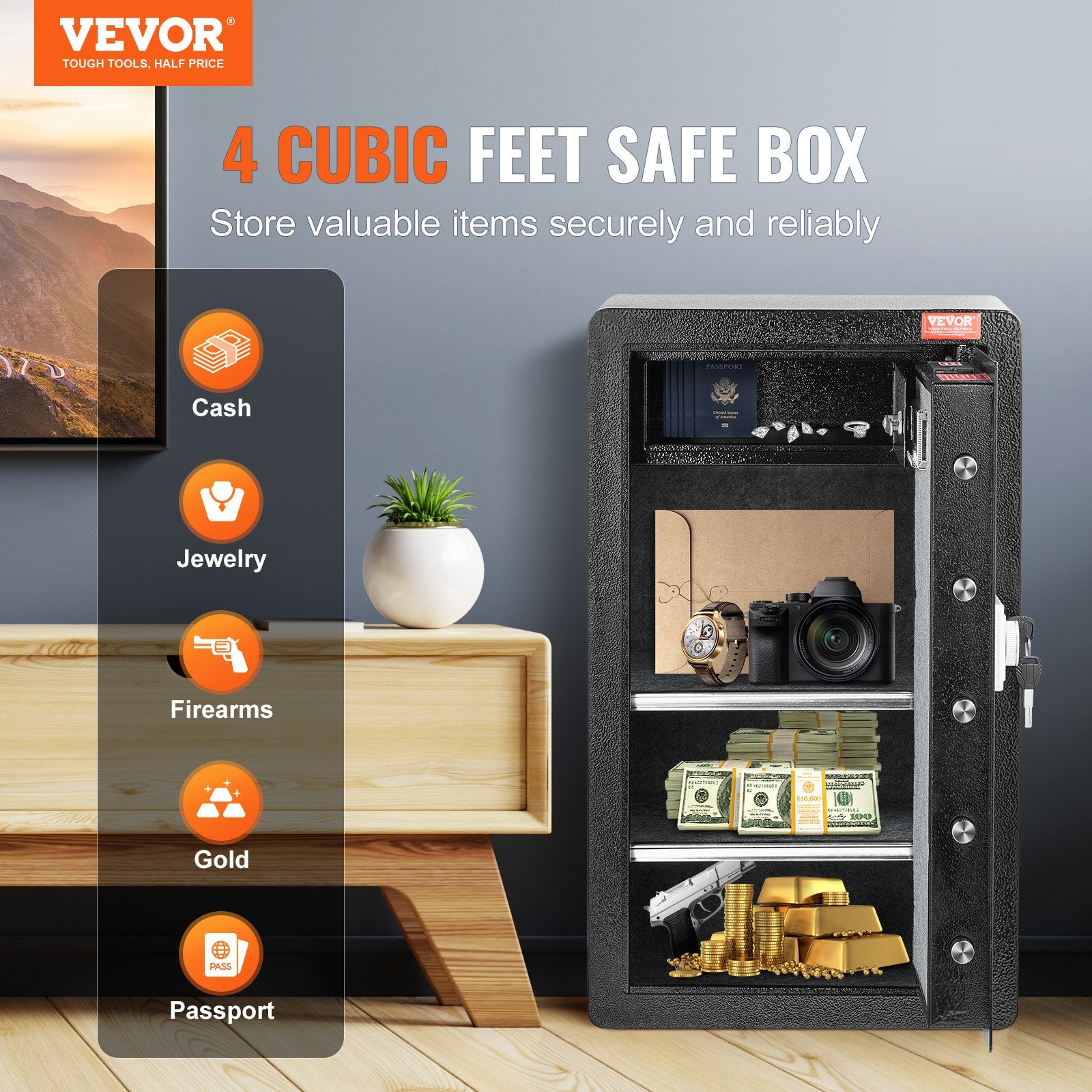 Single Door 4.0 cu.ft Safe Box with Key Lock & Password, Safe Lock Box with Fireproof Bag, Key Rack, LED V952-DMBXXLS452CUYI3X5V9