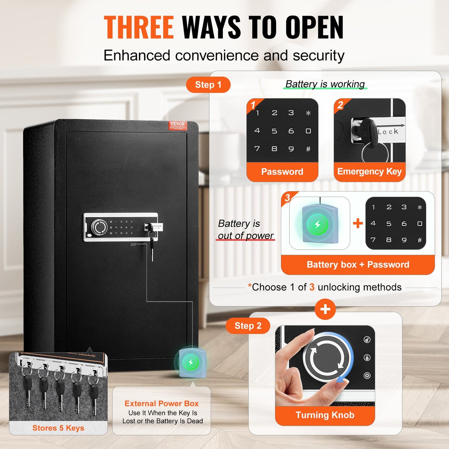 Single Door 4.0 cu.ft Safe Box with Key Lock & Password, Safe Lock Box with Fireproof Bag, Key Rack, LED V952-DMBXXLS452CUYI3X5V9