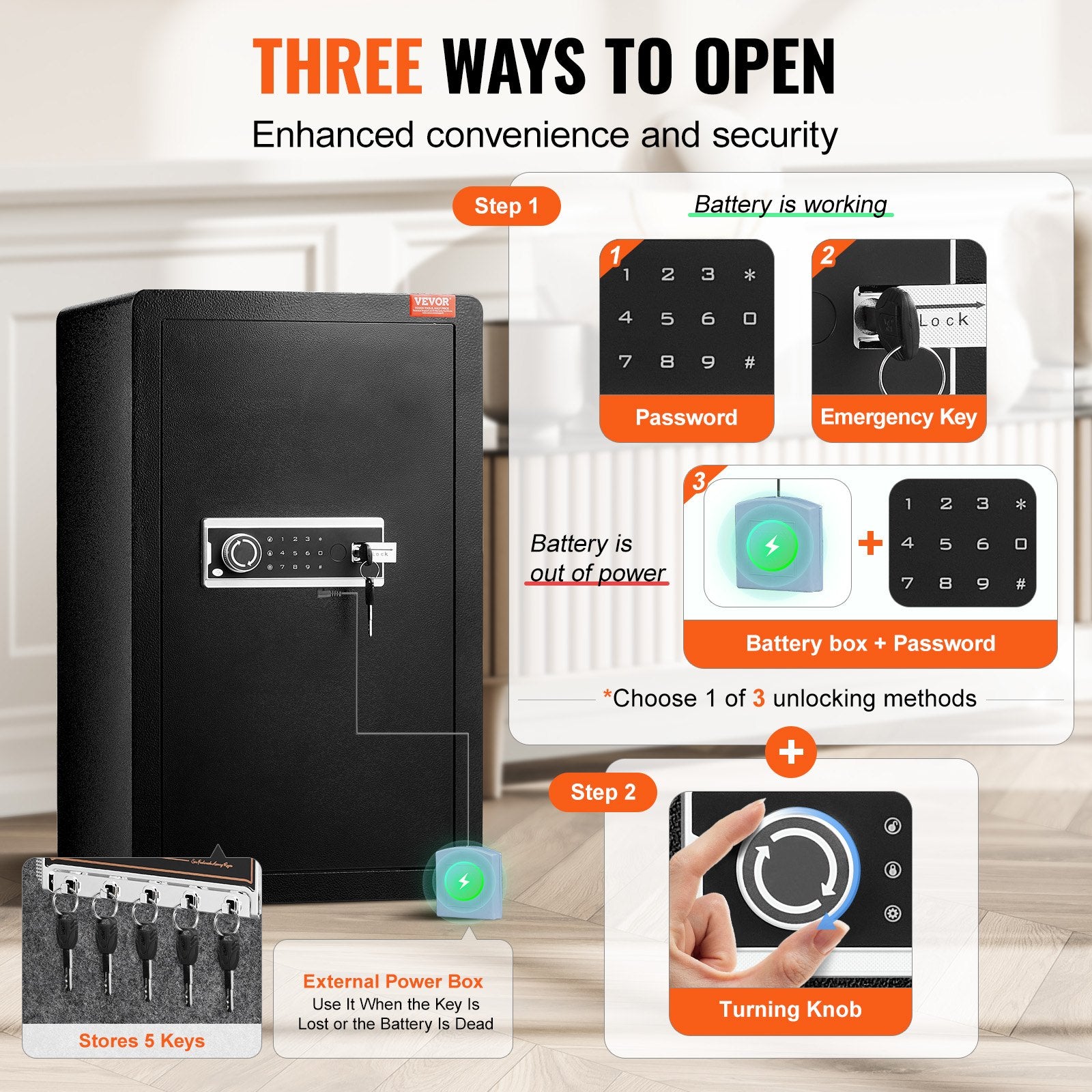 Single Door 4.0 cu.ft Safe Box with Key Lock & Password, Safe Lock Box with Fireproof Bag, Key Rack, LED V952-DMBXXLS452CUYI3X5V9