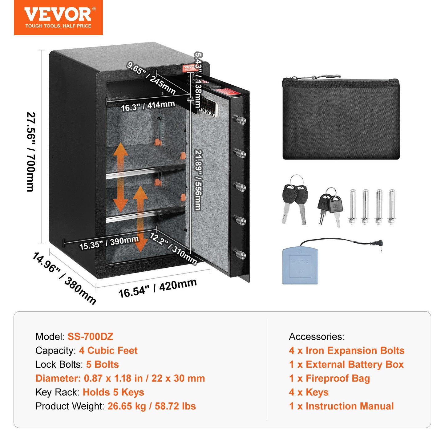 Single Door 4.0 cu.ft Safe Box with Key Lock & Password, Safe Lock Box with Fireproof Bag, Key Rack, LED V952-DMBXXLS452CUYI3X5V9