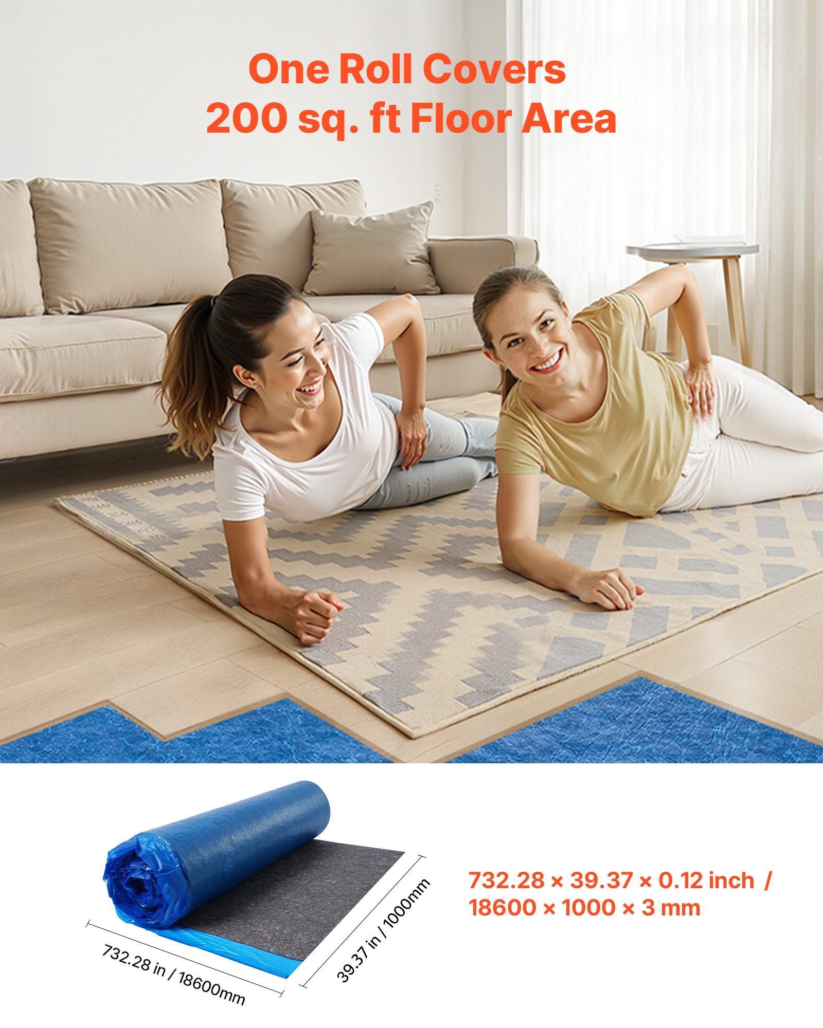 Floor Underlayment 37.2 m2, 3mm Laminate Flooring Padding with Attached Vapor Barrier, Heavy Duty Fiber+PE V952-DMCDLM30MMHSWPGEH001V0