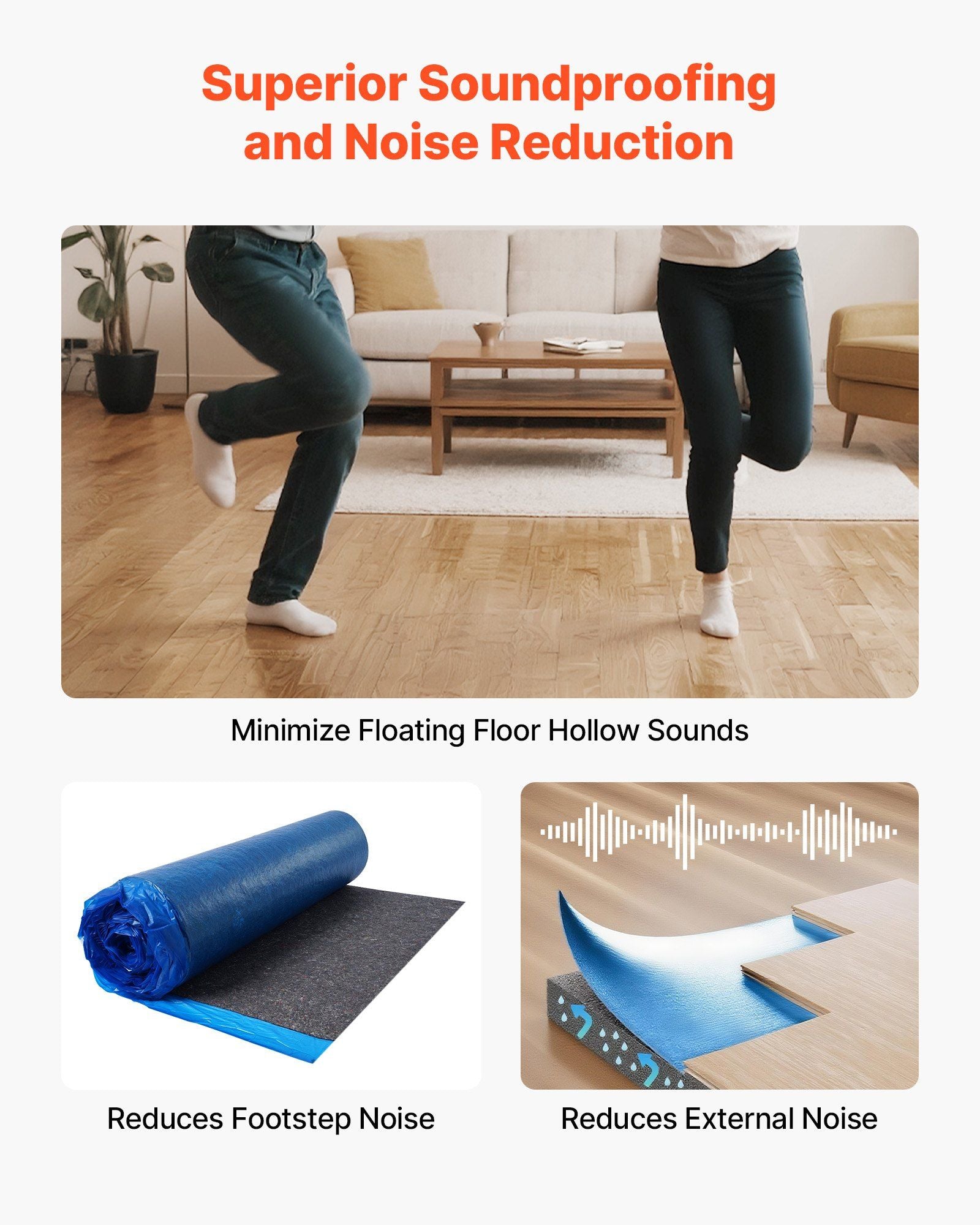 Floor Underlayment 37.2 m2, 3mm Laminate Flooring Padding with Attached Vapor Barrier, Heavy Duty Fiber+PE V952-DMCDLM30MMHSWPGEH001V0
