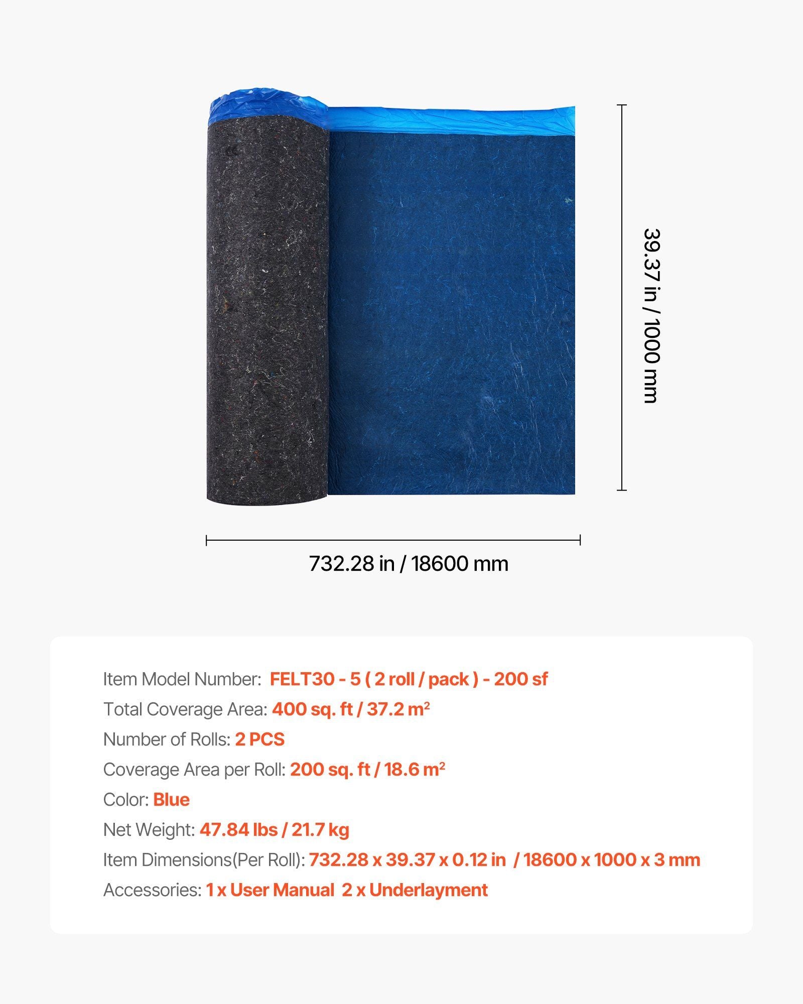 Floor Underlayment 37.2 m2, 3mm Laminate Flooring Padding with Attached Vapor Barrier, Heavy Duty Fiber+PE V952-DMCDLM30MMHSWPGEH001V0