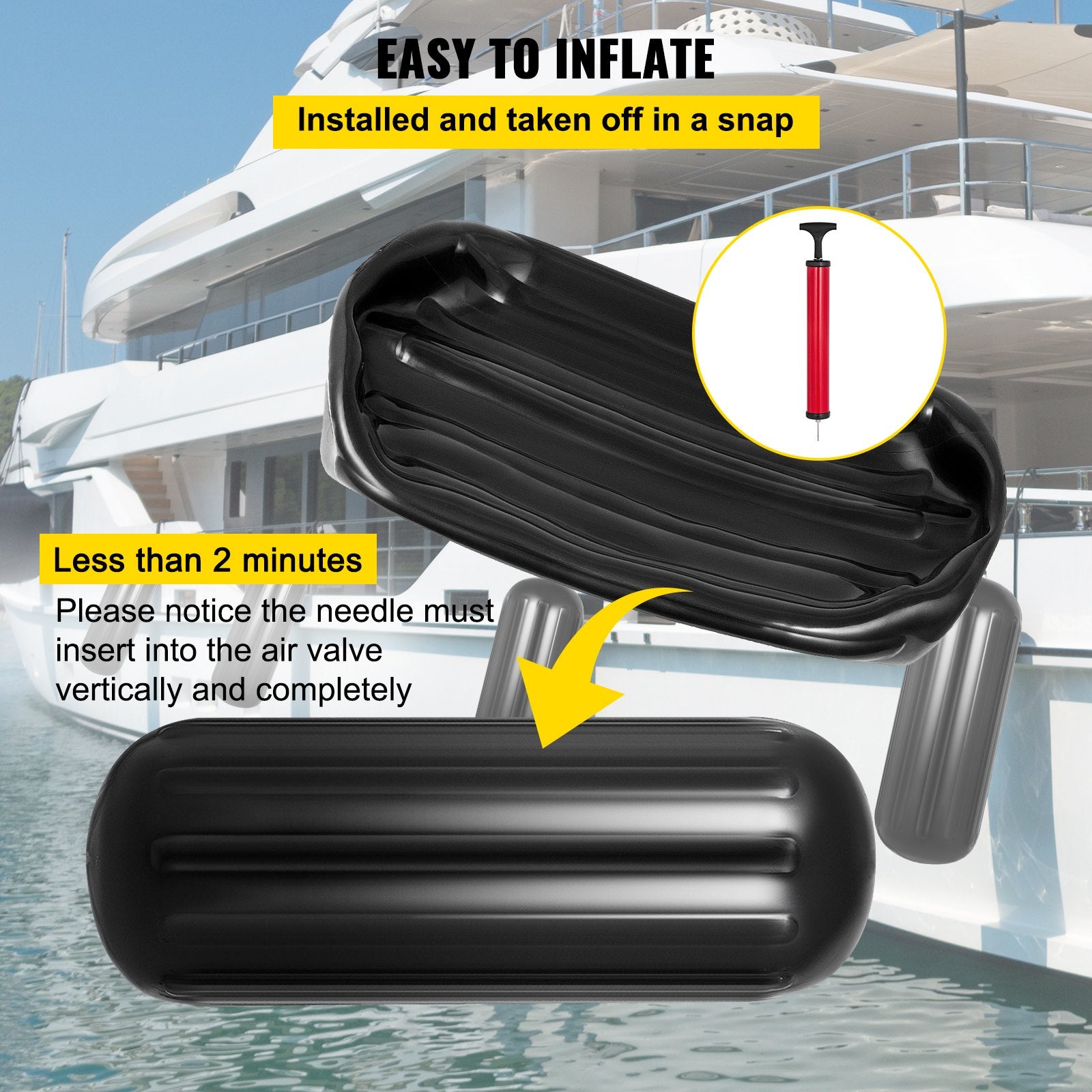 Boat Fenders, 10" x 28" Ribbed Fender, 4 Pack Boat Bumpers, Hole Through Middle Ribbed Inflatable Boat Fender V952-DNB10X28YCBHQHS01V0