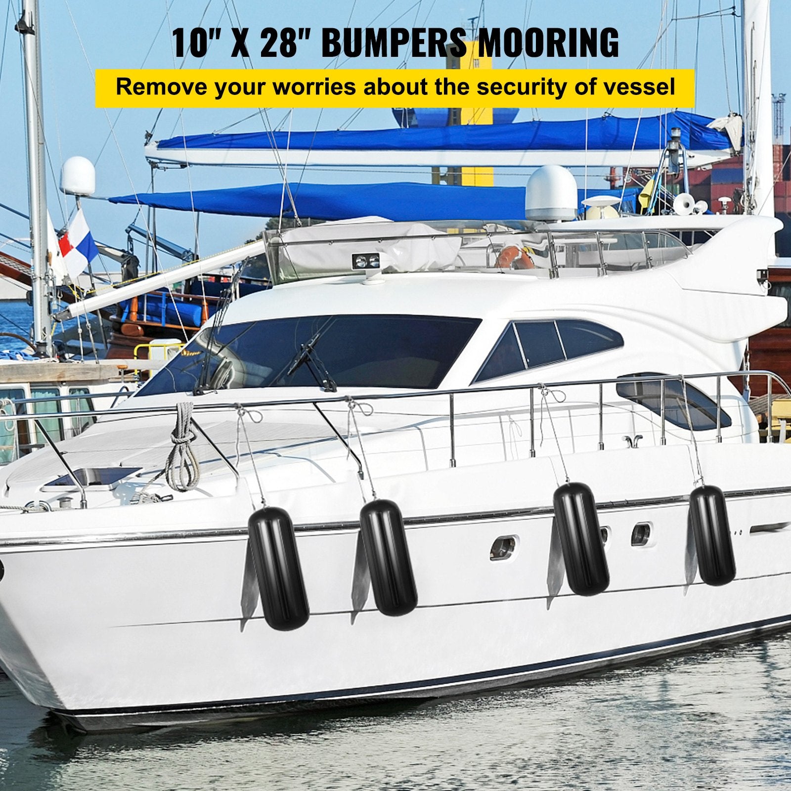 4 Ribbed Boat Fenders 10X 28" Black Center Hole Bumpers Mooring Protection V952-DNB10X28YCLWCBDSZV0