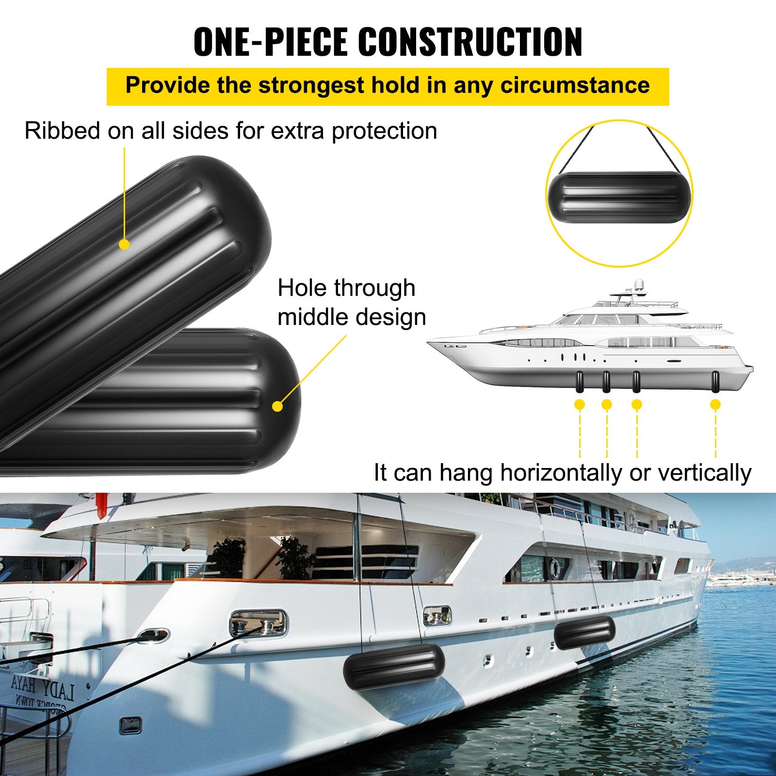 4 Ribbed Boat Fenders 10X 28" Black Center Hole Bumpers Mooring Protection V952-DNB10X28YCLWCBDSZV0